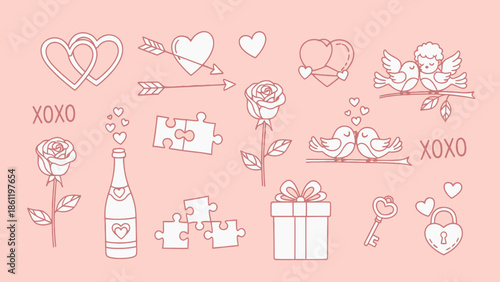 Valentine's Day icons with hearts, roses, and gift elements.