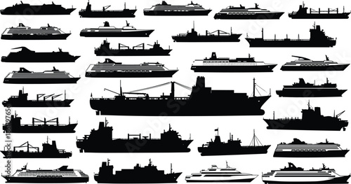 Collection of various ship and boat silhouettes for design