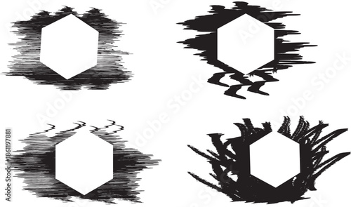 Set of hand drawn ink brush stroke frames with white hexagon space for text on white background