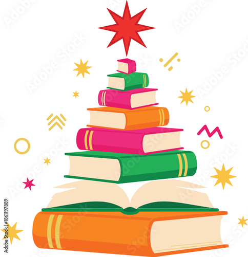 Colorful books stacked in a Christmas tree shape with star on top