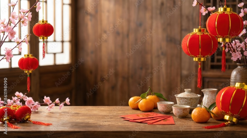 Fototapeta premium Celebration of lunar new year with traditional red lanterns chinese oranges and festive decorations in cozy indoor setting emphasizing cultural significance and aesthetic charm
