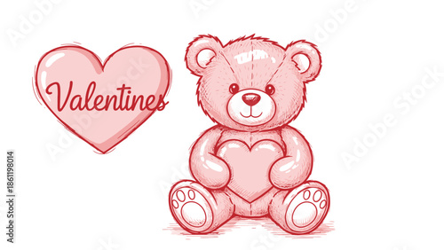 A charming sketch illustration of a pink teddy bear holding a heart next to a larger heart with "Valentines" text, celebrating love and affection.