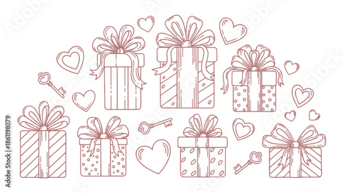 Hand-drawn sketch illustration of various gift boxes with bows, hearts, and keys, perfect for celebrations and special occasions.