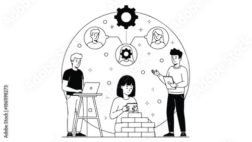 Minimalist Line Art Illustration of Business Team Collaboration and Project Management