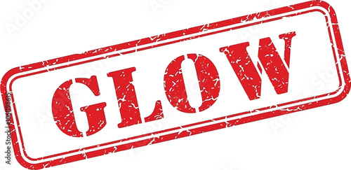 A distressed red stamp with the word glow prominently displayed within a rectangular border isolated on white