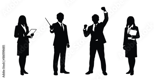 Silhouette of professional business people, successful team members, leadership concept with celebrating manager, corporate employees, office staff, isolated vector,
