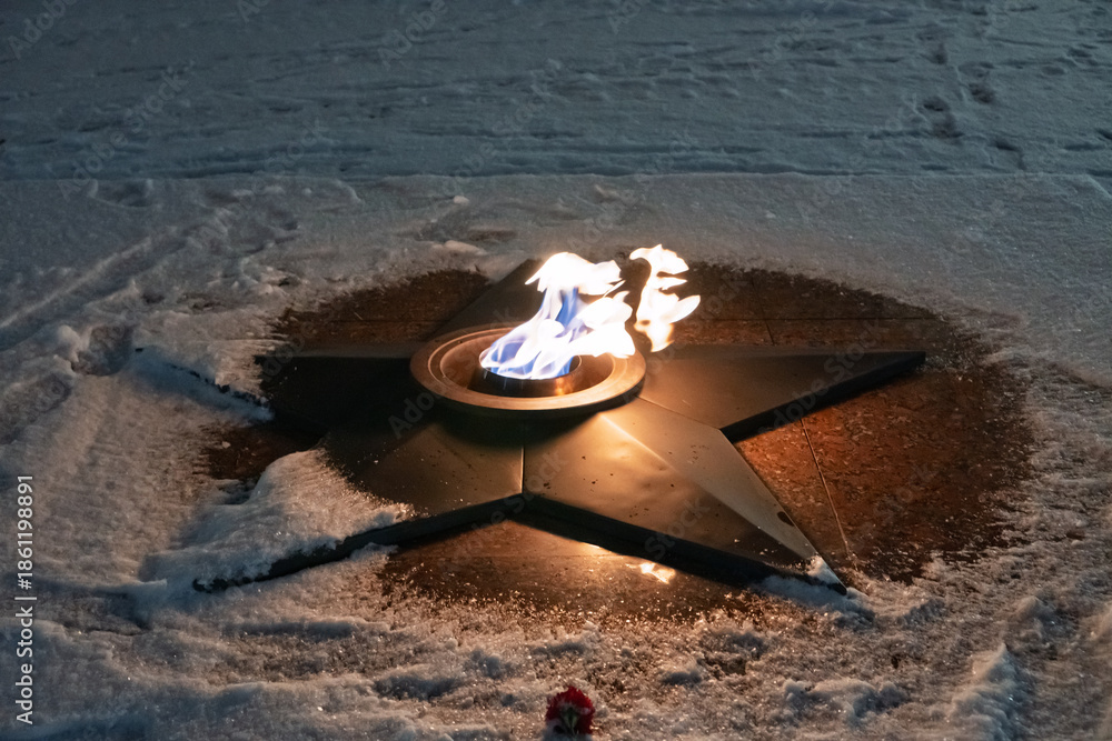 Fototapeta premium The Victory Monument and the eternal flame with carnations, a symbol of victory over fascism and May. Eternal flame. The Tomb of the Unknown Soldier. War memorial. Smolensk is a hero city