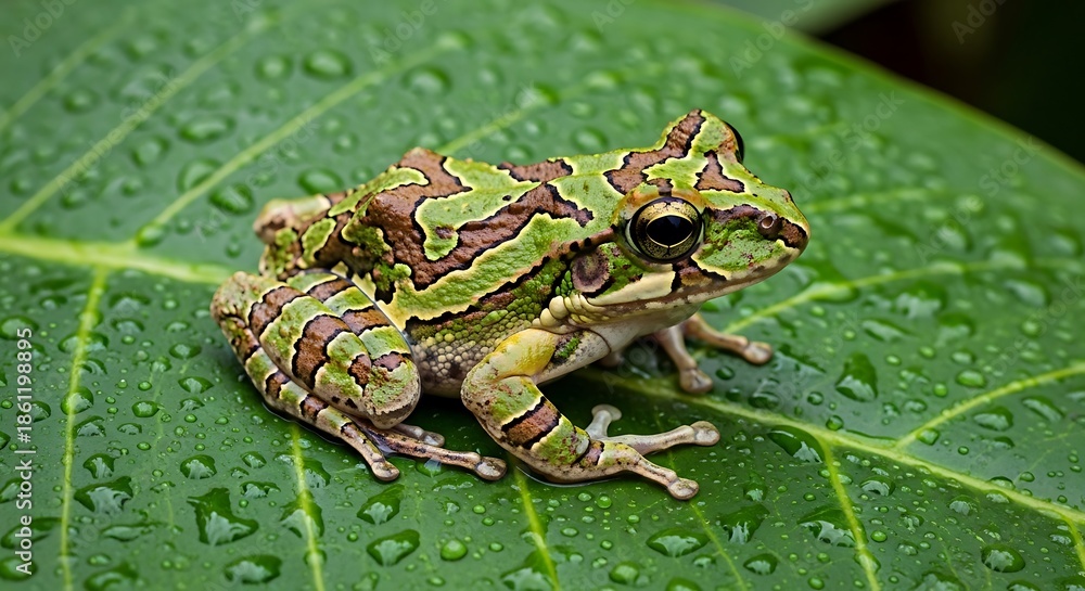 Obraz premium Camouflaged Splendor - A Mission Golden-Eyed Tree Frog on a Leaf.