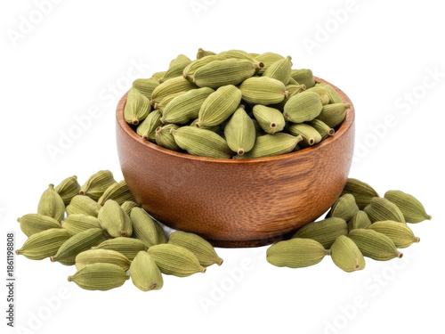 Aromatic green cardamom pods elegantly presented in a rustic wooden bowl, ready for culinary delight