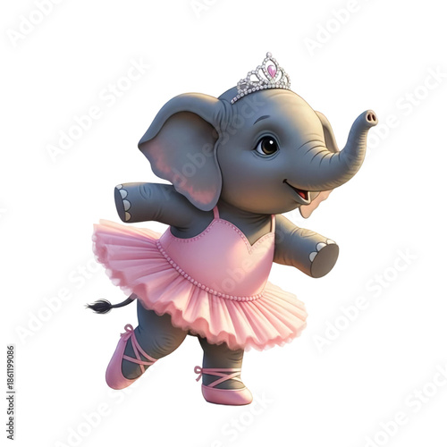 A cartoon elephant wearing a pink tutu and tiara on transparent background
