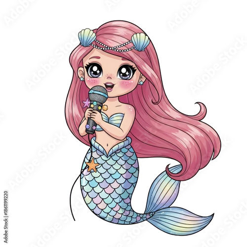 A cartoon mermaid with pink hair and a microphone on transparent background