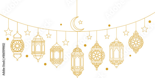 Elegant gold lanterns and crescent moon decoration for Ramadan or Eid celebration