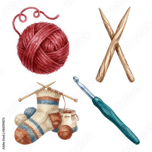 Watercolor Knitting Tools Set: Red Yarn, Needles, Crochet Hook & Sock Vector Isolated