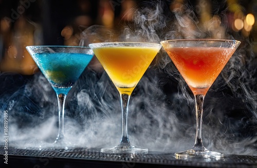 Three colorful cocktails in stemmed glasses with frosted rims, surrounded by atmospheric mist