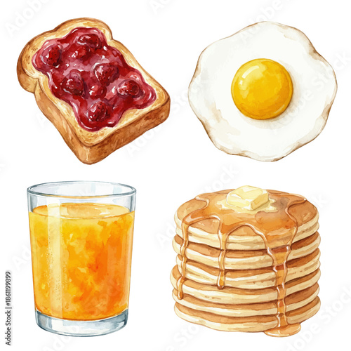 Watercolor breakfast food set with pancakes egg juice and toast isolated vector illustration