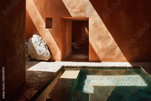Interior with pool, stone, and walls bathed in sun, creating a play of light and shadow