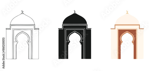 Mosque Designs in Three styles vector set line art, silhouette and color version for Islamic Design, App UI, Posters and Branding	