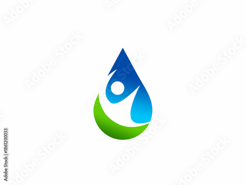 Stylized droplet logo with human figure, merging themes of water conservation, health, and environmental consciousness.
