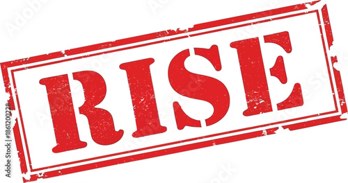 A rectangular red stamp displaying the word rise in bold white capital letters isolated on a white background