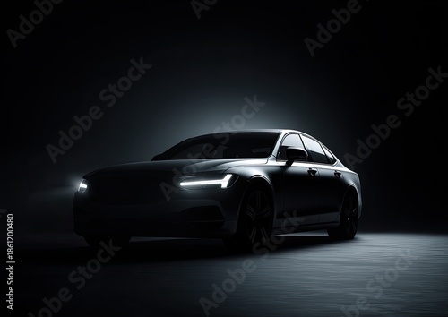 Sleek sedan in dark studio, headlights on, modern design, minimalist