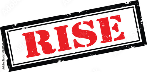 A striking rectangular stamp displaying the word rise in bold red letters against a white background