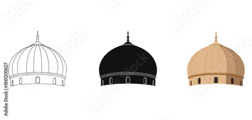 Islamic Dome Designs in Three styles vector set line art, silhouette and color version for Islamic Design, App UI, Posters and Branding	