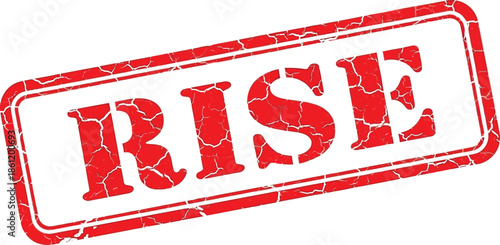 A distressed red rubber stamp displaying the word rise in bold cracked lettering on a white background