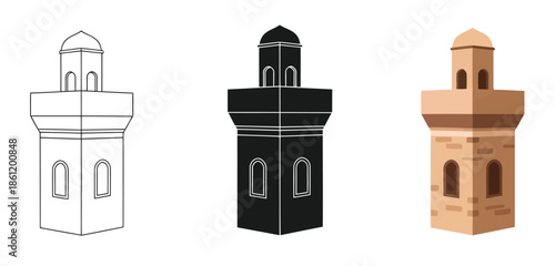 Minaret in Three styles vector set line art, silhouette and color version for Islamic Design, App UI, Posters and Branding	