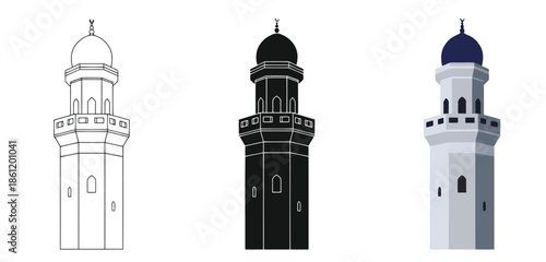 Minaret in Three styles vector set line art, silhouette and color version for Islamic Design, App UI, Posters and Branding	