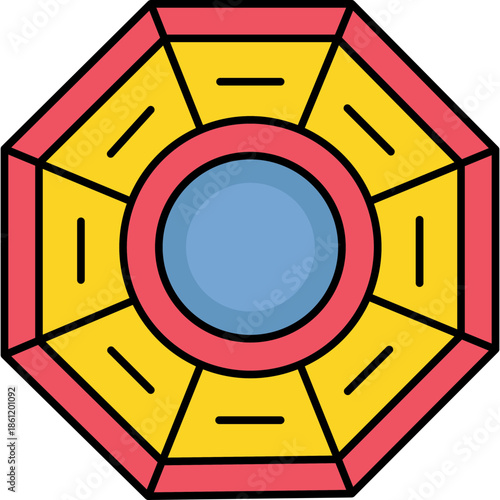 Pa Kua Mirror Colored Outline Icon for Chinese New Year, Traditional Feng Shui Symbol