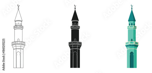 Minaret in Three styles vector set line art, silhouette and color version for Islamic Design, App UI, Posters and Branding	