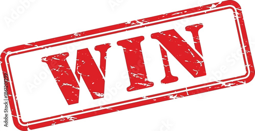 A grunge style red stamp with the word win prominently displayed inside a rectangular border illustrates success