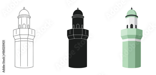 Minaret in Three styles vector set line art, silhouette and color version for Islamic Design, App UI, Posters and Branding	
