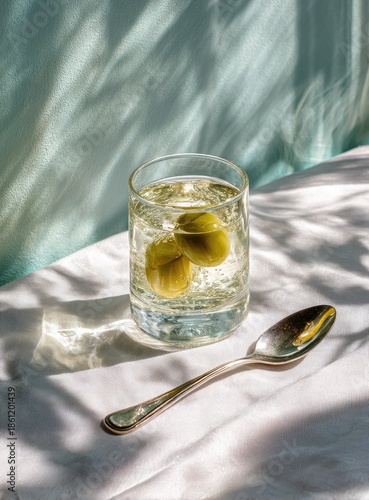 A close-up shot of a cocktail with olives, set against a soft, light background