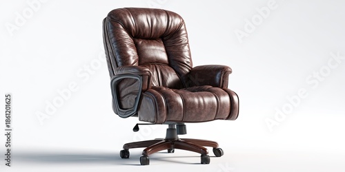 Richly textured brown leather office chair with high back, armrests, and five-wheel base