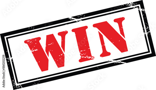 A bold red win stamp is prominently displayed within a black rectangular frame signifying success and achievement