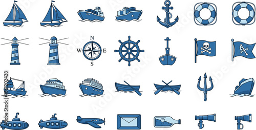 Nautical icons set with ships, boats, and navigation tools