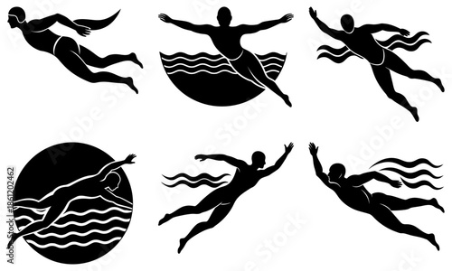 Five Swimmers Silhouettes in Different Swimming Styles on White Background water sport