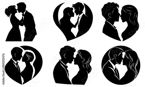 Couple Silhouettes in Various Romantic Poses on White Background love kiss