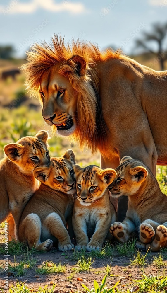 Fototapeta premium Lion cubs play together under the watchful eye of their mother in the African sun, Africa, wildlife