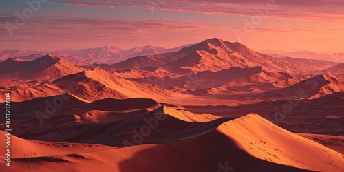 A panoramic view of a desert landscape bathed in the warm light of a sunrise or sunset