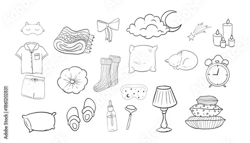 Sleep set hand drawn night symbols doodle. Pillow line bedroom relax, sleeping mask, stars and moon. Warm cozy clothes, socks. Sleepy mood, 