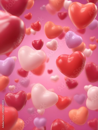 Colorful Hearts in Various Sizes Float Against a Soft Pink Background for Valentines Marketing