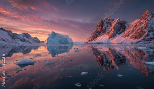 Stunning arctic scenery showcasing a vibrant sunrise reflecting in mirrored water