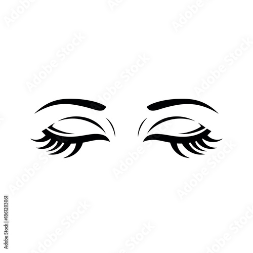 Closed eyes with long eyelashes simple black and white illustration.