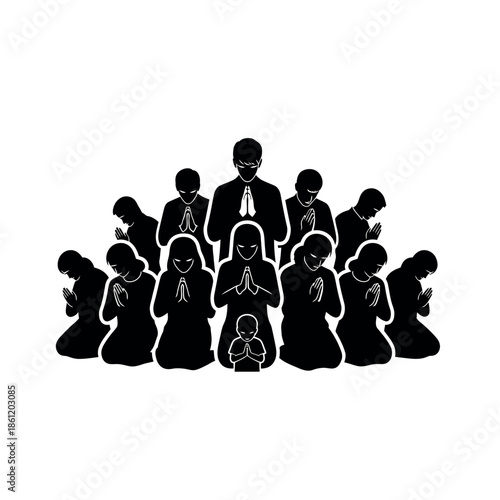 Group of people praying together in silhouette.