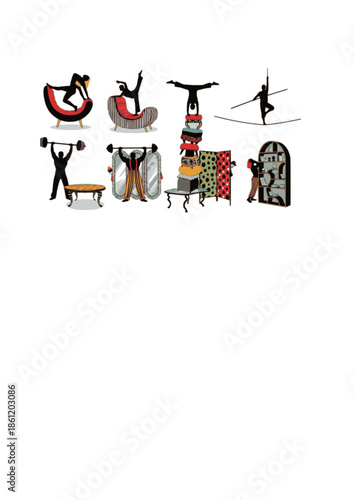 Circus Core Silhouette of Person in Whimsical Furniture for Playful Interior Design and Maximalist Home Aesthetic 2026 Trend Concept Vector