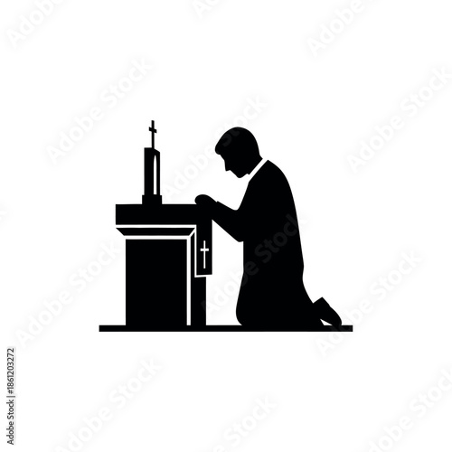 Silhouette of a person kneeling in prayer before an altar with a cross symbolizing faith and devotion.