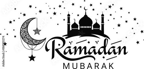 Ramadan Mubarak celebration with mosque silhouette and crescent moon