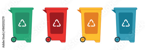 Garbage bins set. Colorful trash cans with recycling icon. Waste sorting containers. Sorting garbage vector illustration